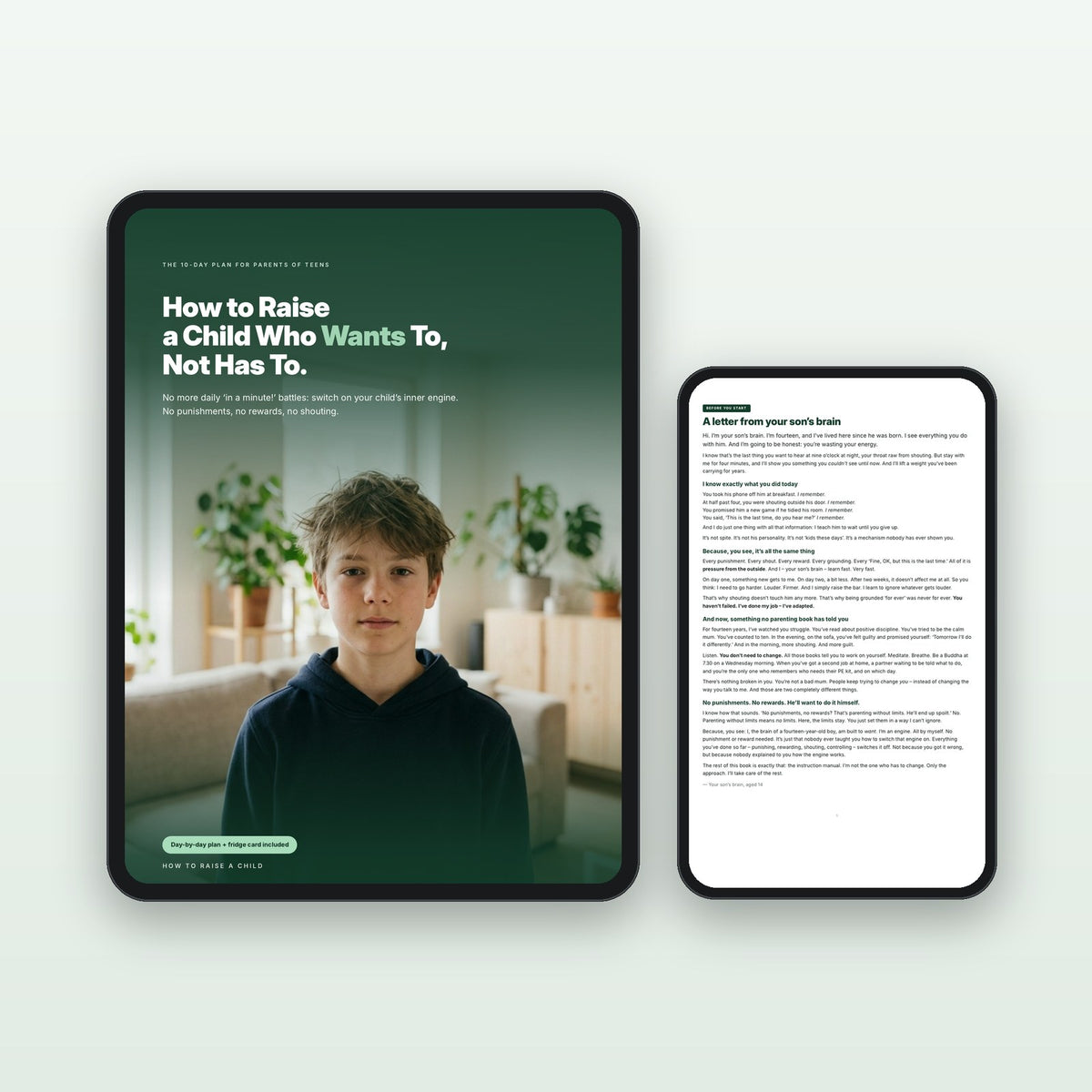 “How to Raise a Child Who Wants To” e-book on a tablet and phone