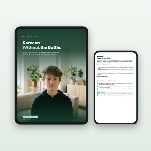 “Screens Without the Battle” e-book on a tablet and phone